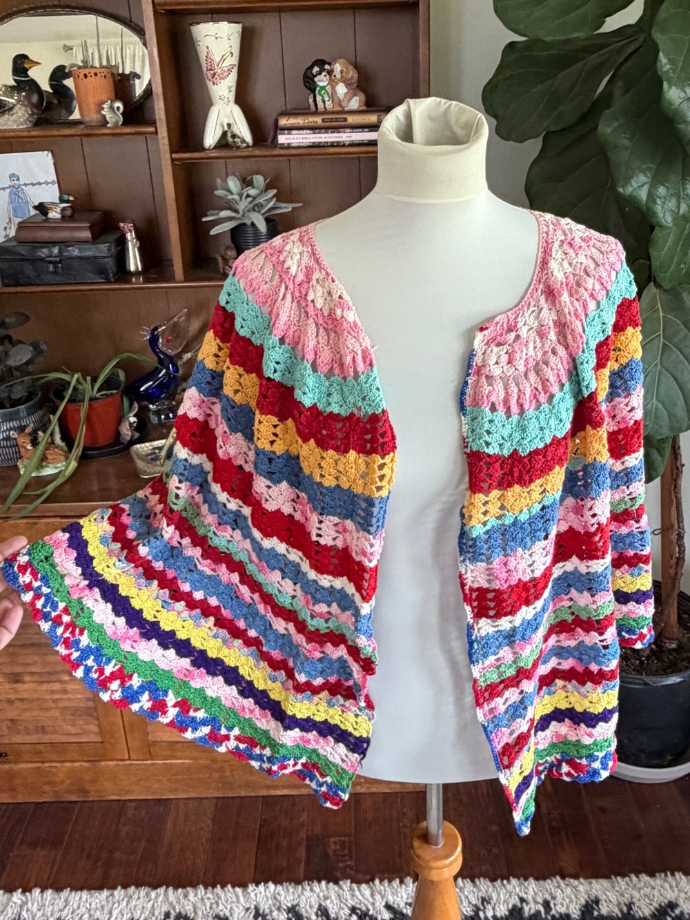 Vintage Crochet Rainbow Colorful Open Cape Shawl Sweater O/S